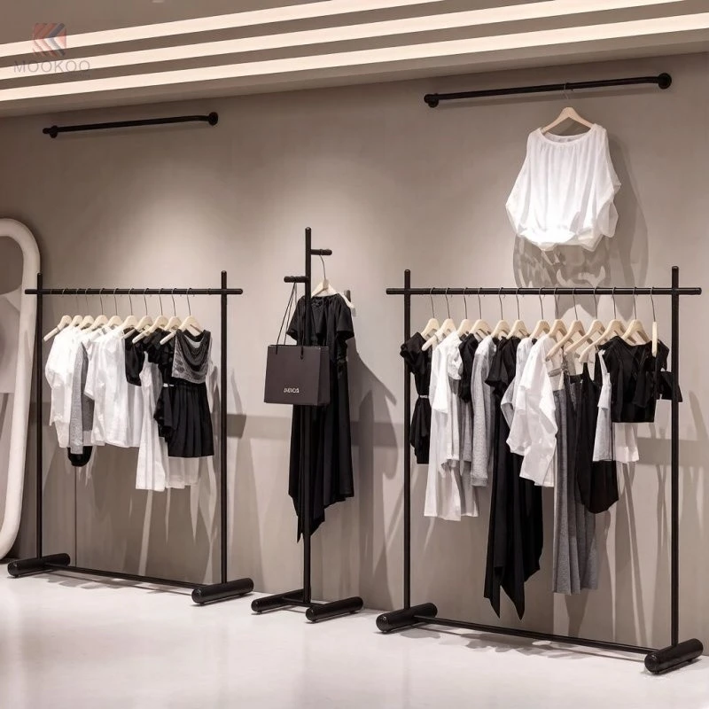Modern Black Metal Rotating Garment Display Rack-Floor Standing Varnish Finish Retail Store Stand suppliers