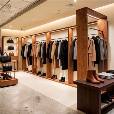 High End MOOKOO Skräddarsydda metallkläder Displayhylla LED-belysning Fiskbensmönster Butik Detaljhandel Möbler Modern